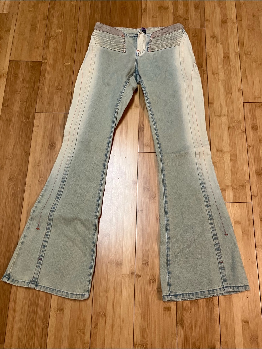 Dollhouse Two-Tone Light Blue Panel Flare Jeans with Washed Trim